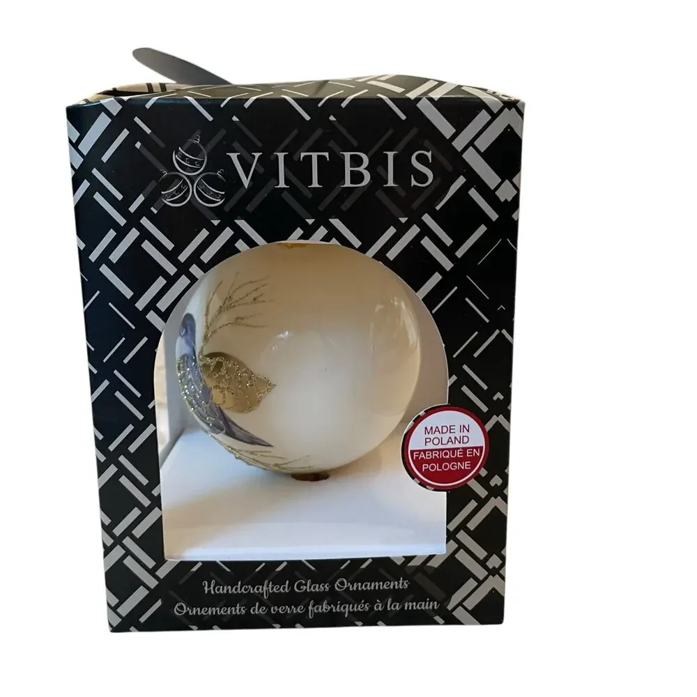 VITBIS Poland Hand Painted Glass Ornament 4in Blue Bird Gold Pinecone NEW